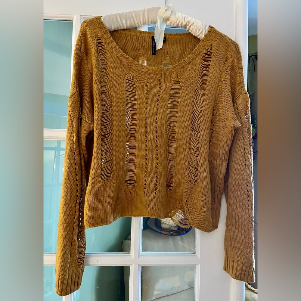 Guess Distressed Mustard Open-Knit Crew Sweater